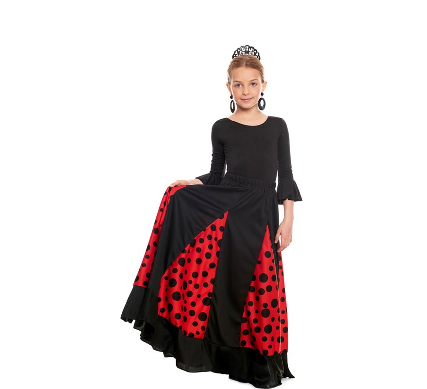 Translation missing: fr.Falda Sevillana de Quillas negro y rojo con Lunar negro para niña