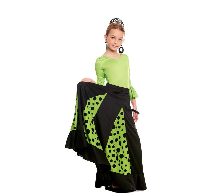Translation missing: fr.Falda Sevillana de Quillas negro y verde con Lunar negro para niña
