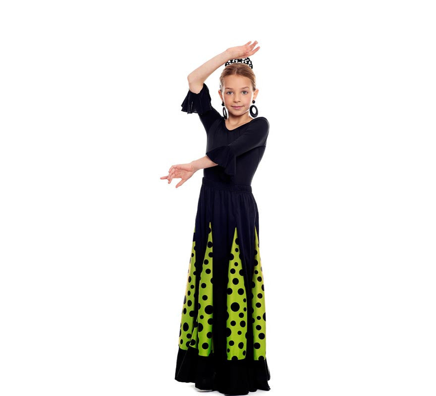 Translation missing: fr.Falda Sevillana de Quillas negro y verde con Lunar negro para niña