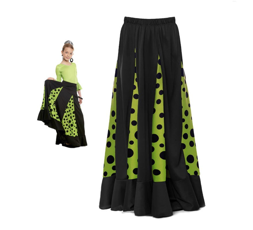 Translation missing: fr.Falda Sevillana de Quillas negro y verde con Lunar negro para niña