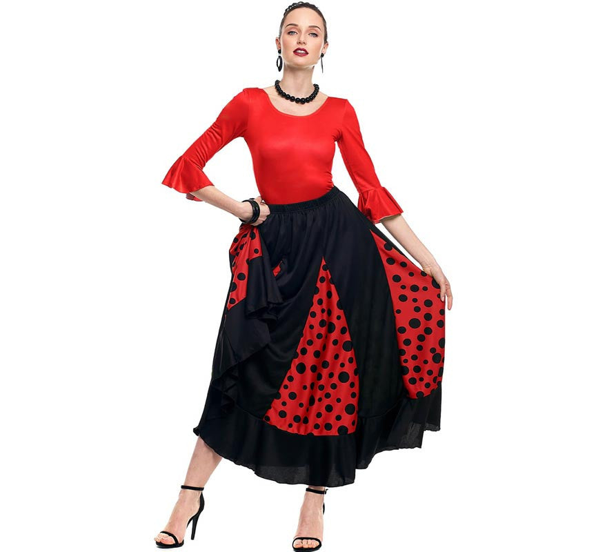 Translation missing: fr.Falda Sevillana de Quillas negro y rojo con Lunar negro para mujer