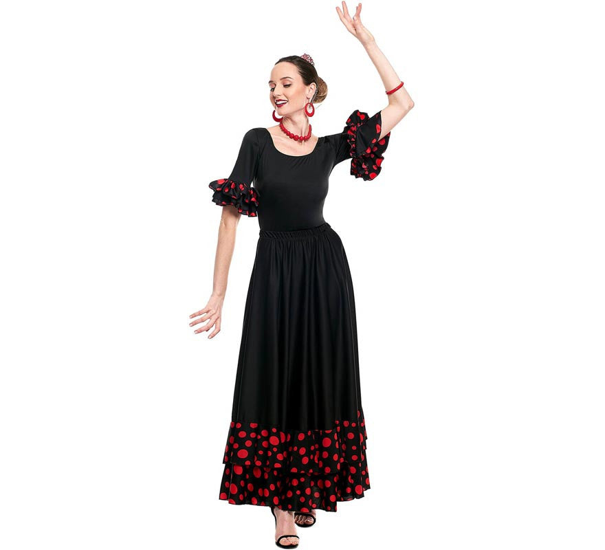 Translation missing: fr.Falda Sevillana doble Volante con Lunar negro y rojo para mujer