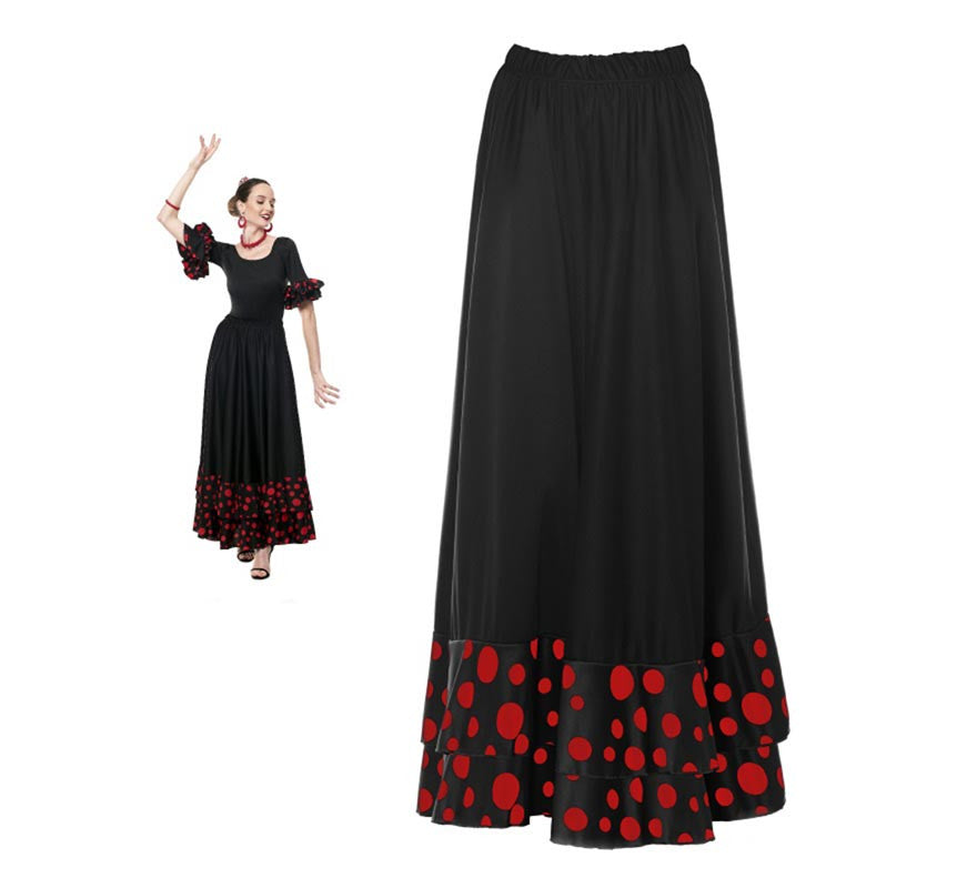 Translation missing: fr.Falda Sevillana doble Volante con Lunar negro y rojo para mujer