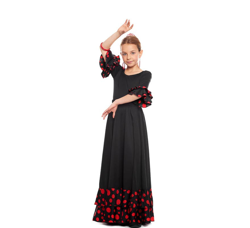 Translation missing: fr.Falda Sevillana doble Volante con Lunar negro y rojo para niña