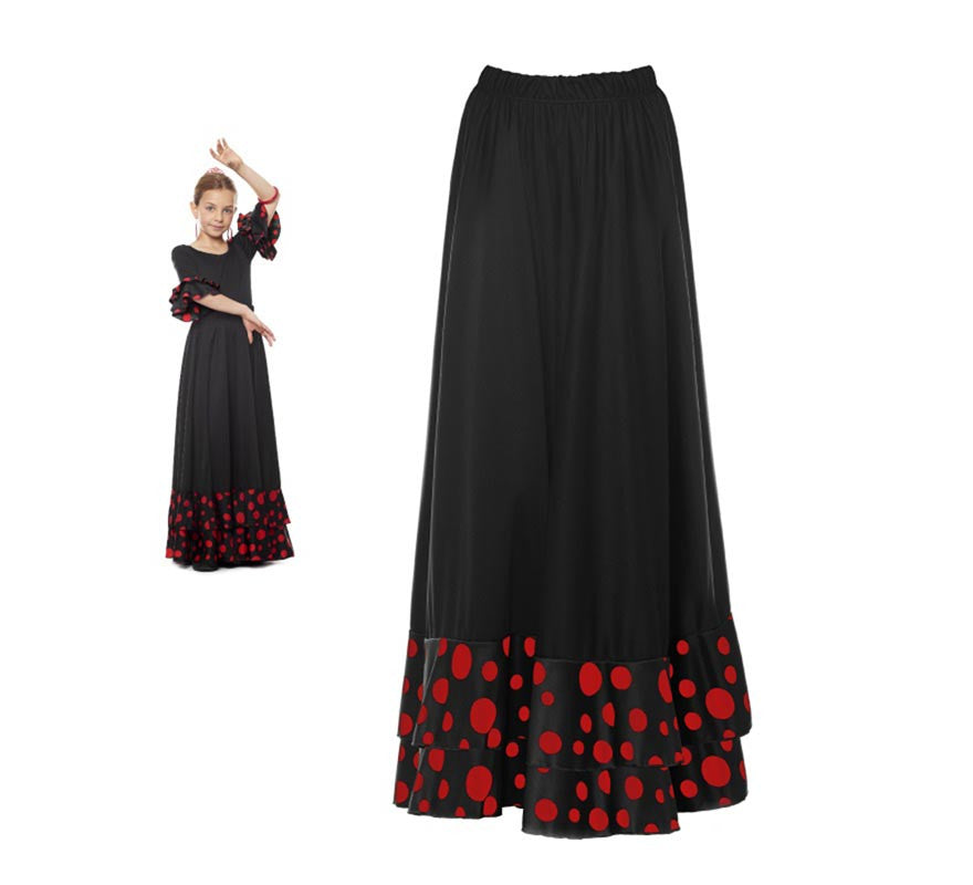 Translation missing: fr.Falda Sevillana doble Volante con Lunar negro y rojo para niña