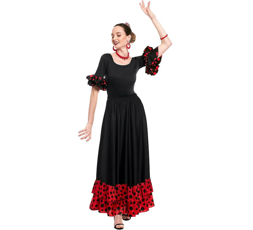Translation missing: fr.Falda Sevillana doble Volante con Lunar rojo y negro para mujer