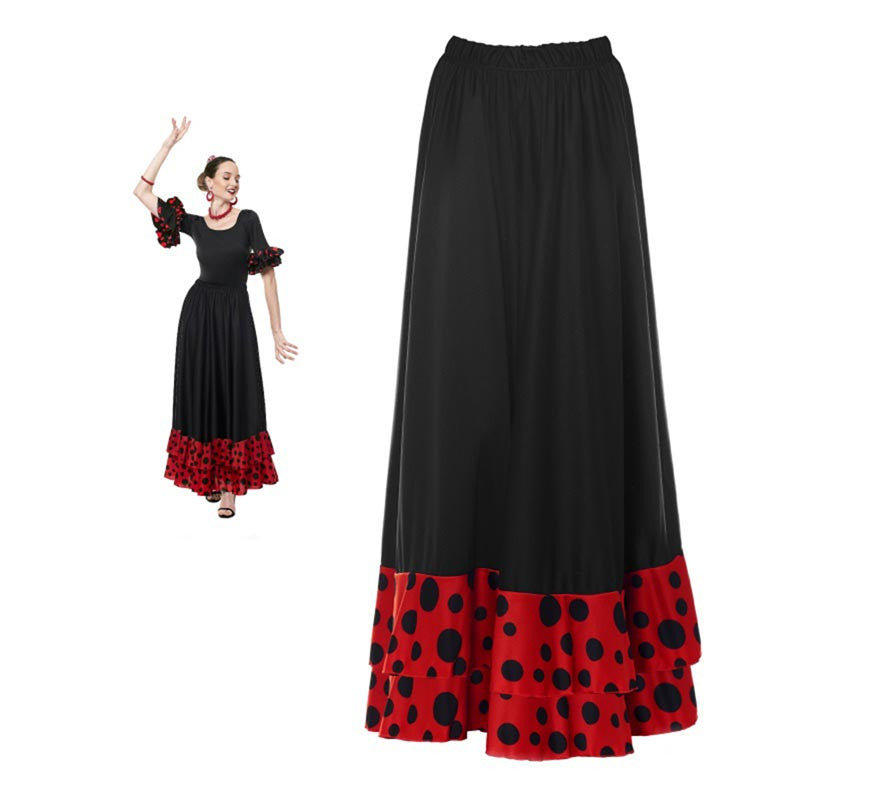 Translation missing: fr.Falda Sevillana doble Volante con Lunar rojo y negro para mujer
