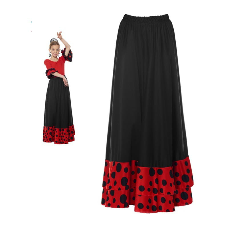 Translation missing: fr.Falda Sevillana doble Volante con Lunar rojo y negro para niña