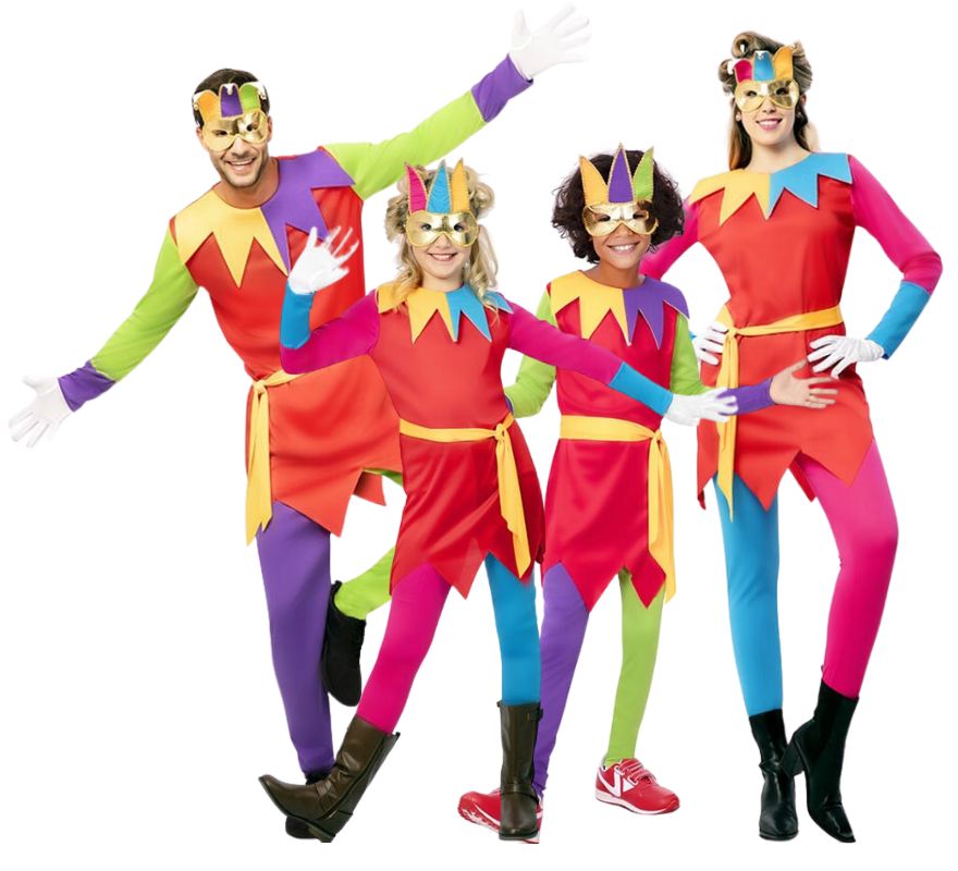 Famille de bouffons multicolores avec masques