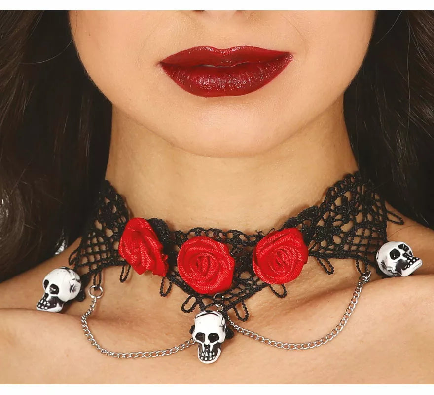 Translation missing: fr.Gargantilla con Calaveras y Rosas Rojas