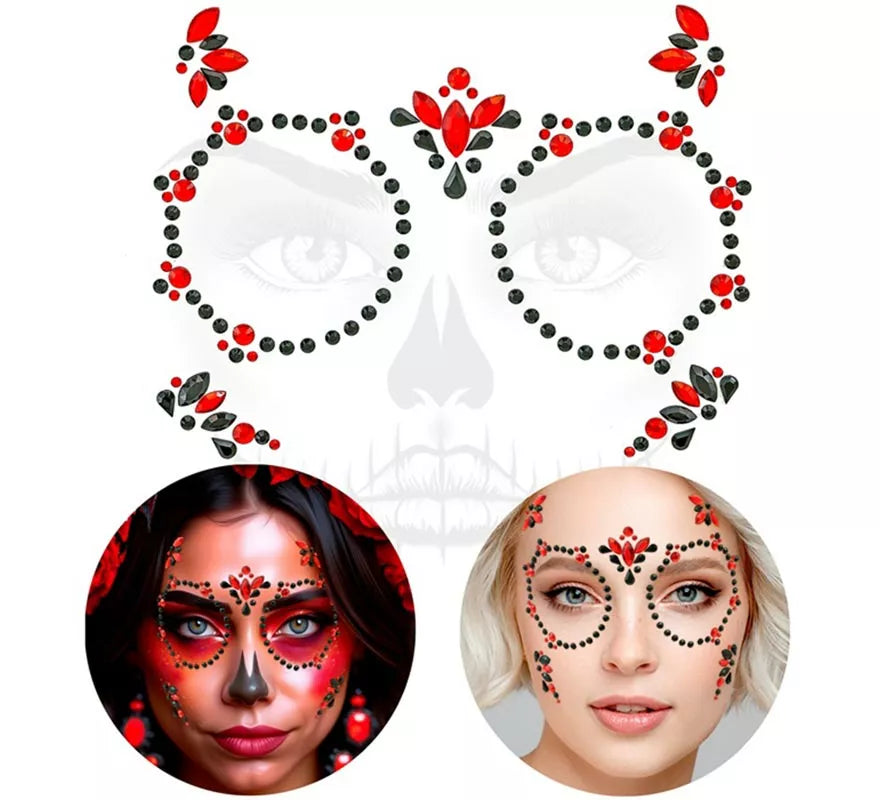 Translation missing: fr.Gemas Faciales Adhesivas de Día de Los Muertos rojo y negro
