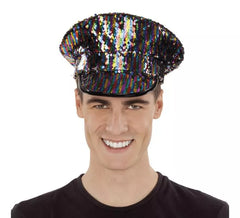 Casquette de Police Noir avec Paillettes Arc-en-Ciel