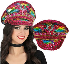 Casquette de police rose avec strass multicolores pour adultes