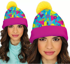 Chapeau en laine jaune et rose adulte des années 80