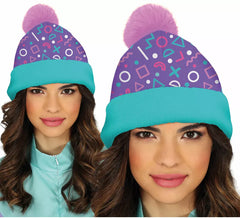 Chapeau adulte en laine turquoise et rose des années 80