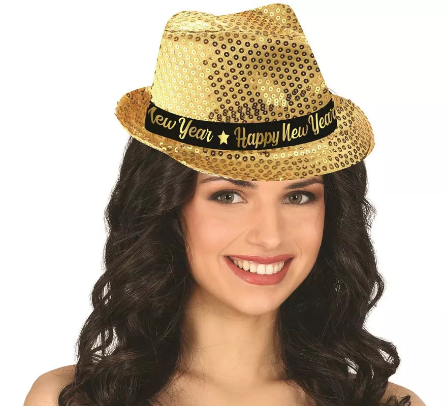 Translation missing: fr.Gorro Gánster Happy New Year Lentejuelas dorado