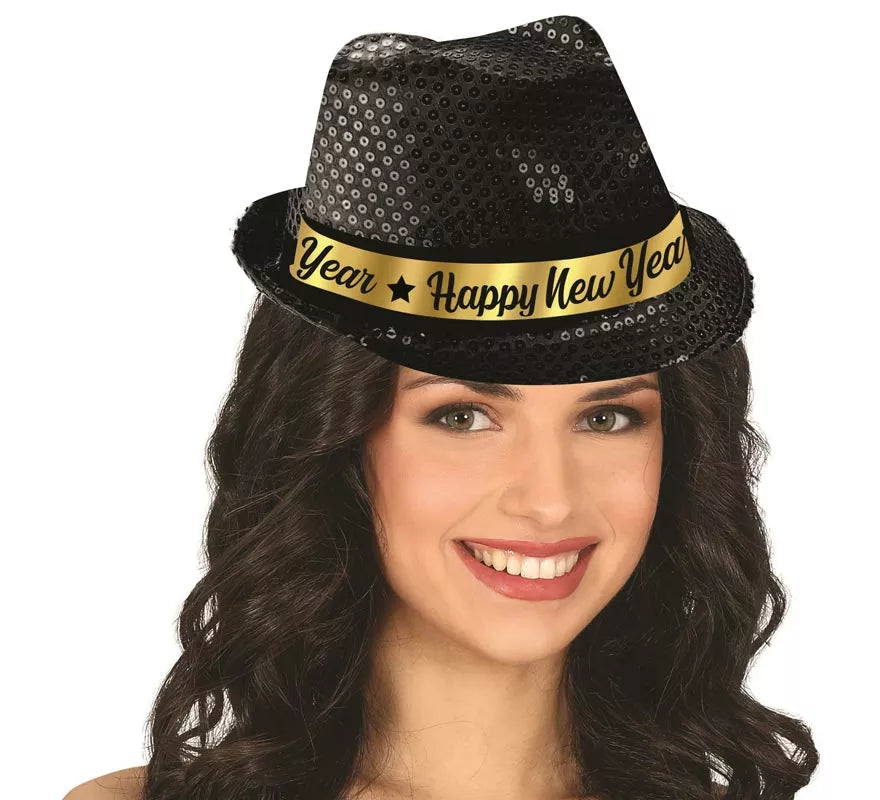 Translation missing: fr.Gorro Gánster Happy New Year Lentejuelas negro