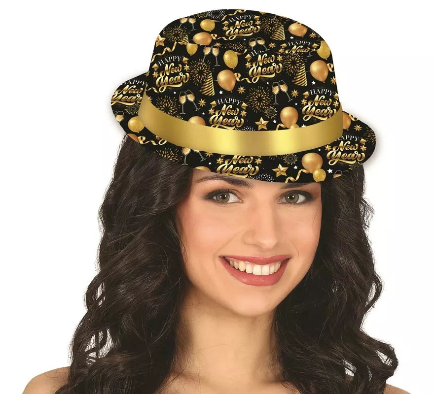 Translation missing: fr.Gorro Gánster Happy New Year negro y dorado
