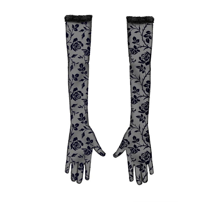 Guantes Calado Flores negro de 38 cm