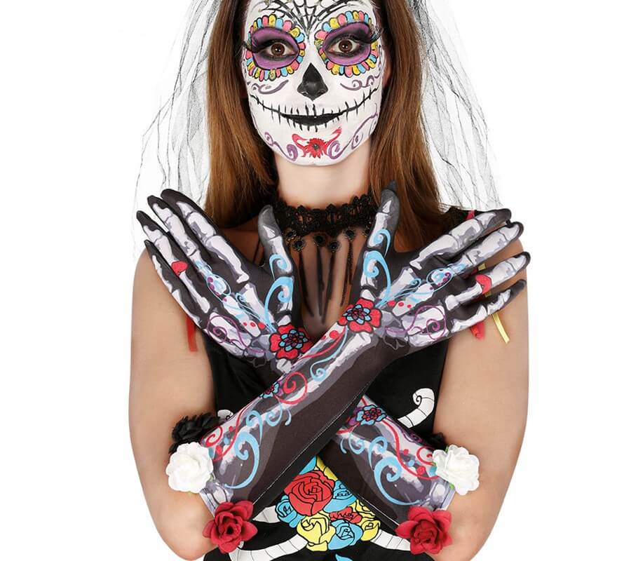 Translation missing: fr.Guantes Esqueleto con Flores 40 Cm