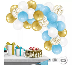 Guirlande de 30 ballons bleus, blancs et dorés