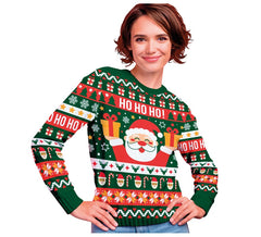 Pull de Noël Ho Ho Ho vert et rouge pour femme