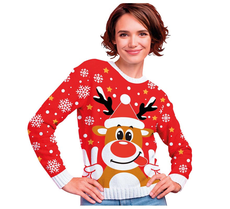 Jersey Navidad Reno Feliz rojo para mujer