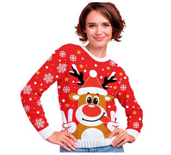 Pull de Noël rouge joyeux renne pour femme