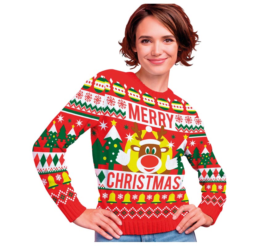Translation missing: fr.Jersey Navidad Reno Merry Christmas rojo para mujer
