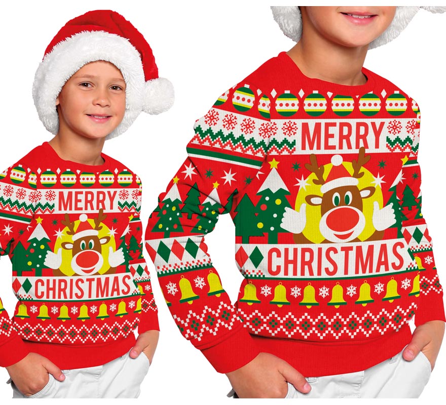 Translation missing: fr.Jersey Navidad Reno Merry Christmas rojo para niños