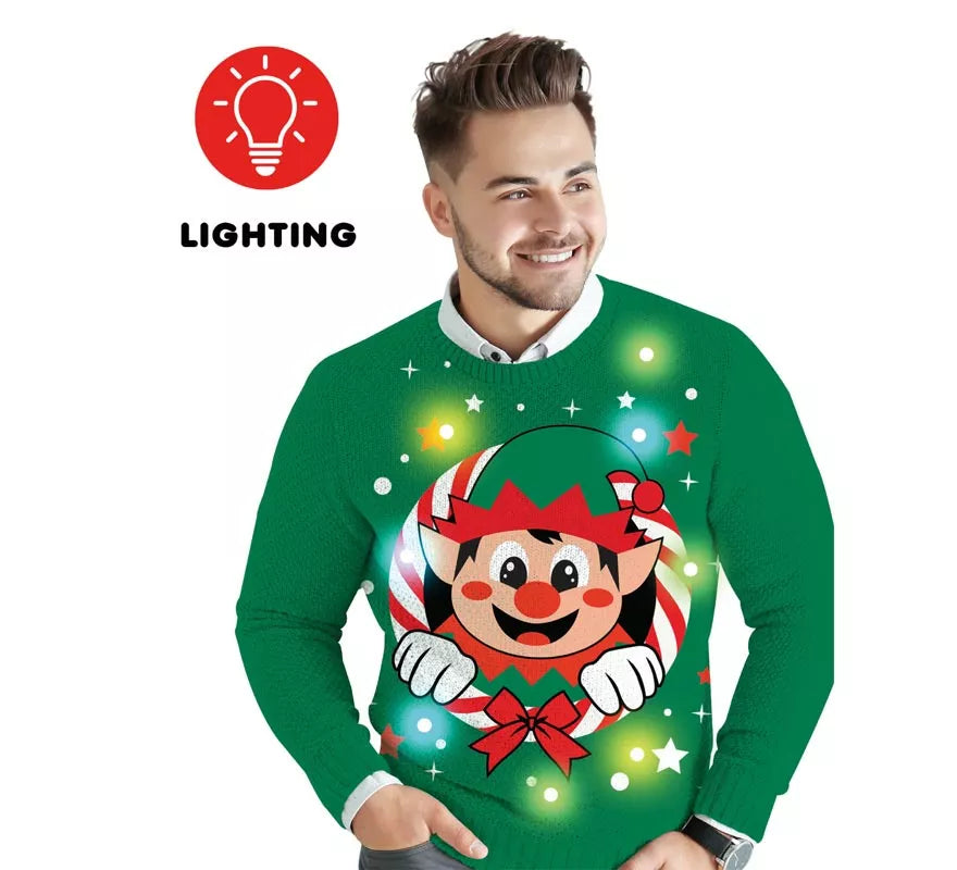 Jersey Navideño de Elfo con 12 Luces LED para hombre