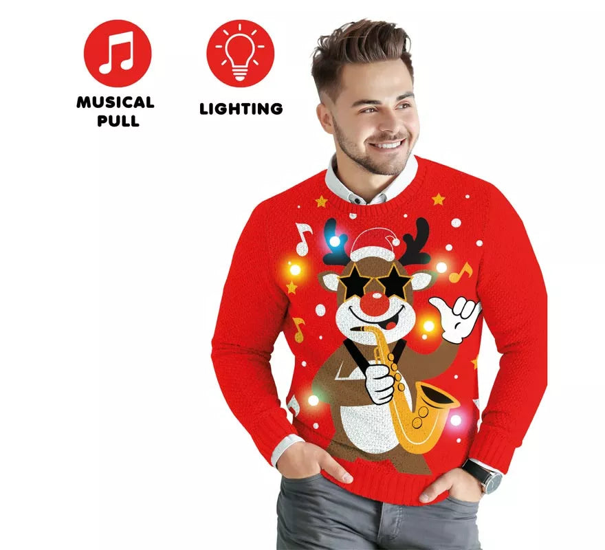 Translation missing: fr.Jersey Navideño de Reno con 12 Luces LED para hombre