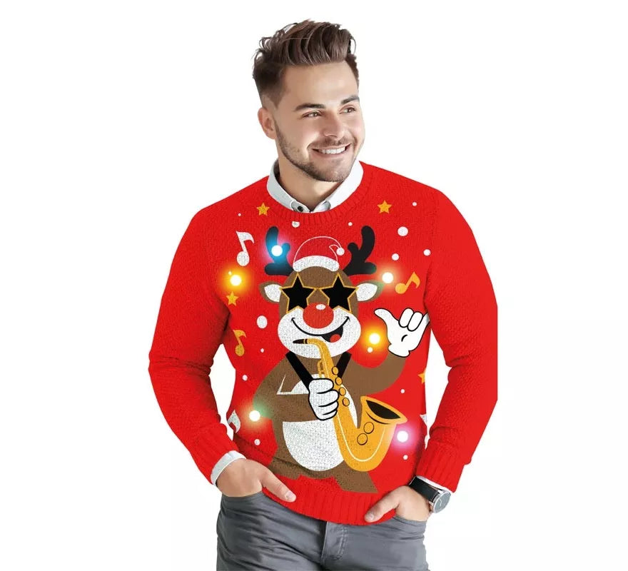 Translation missing: fr.Jersey Navideño de Reno con 12 Luces LED para hombre