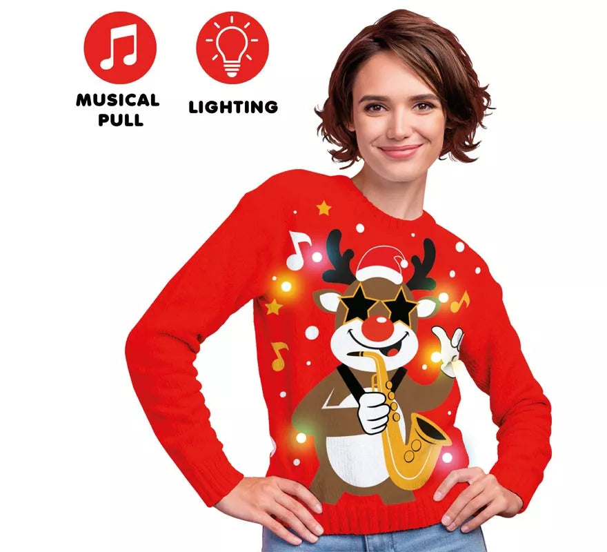 Jersey Navideño de Reno con 12 Luces LED para mujer