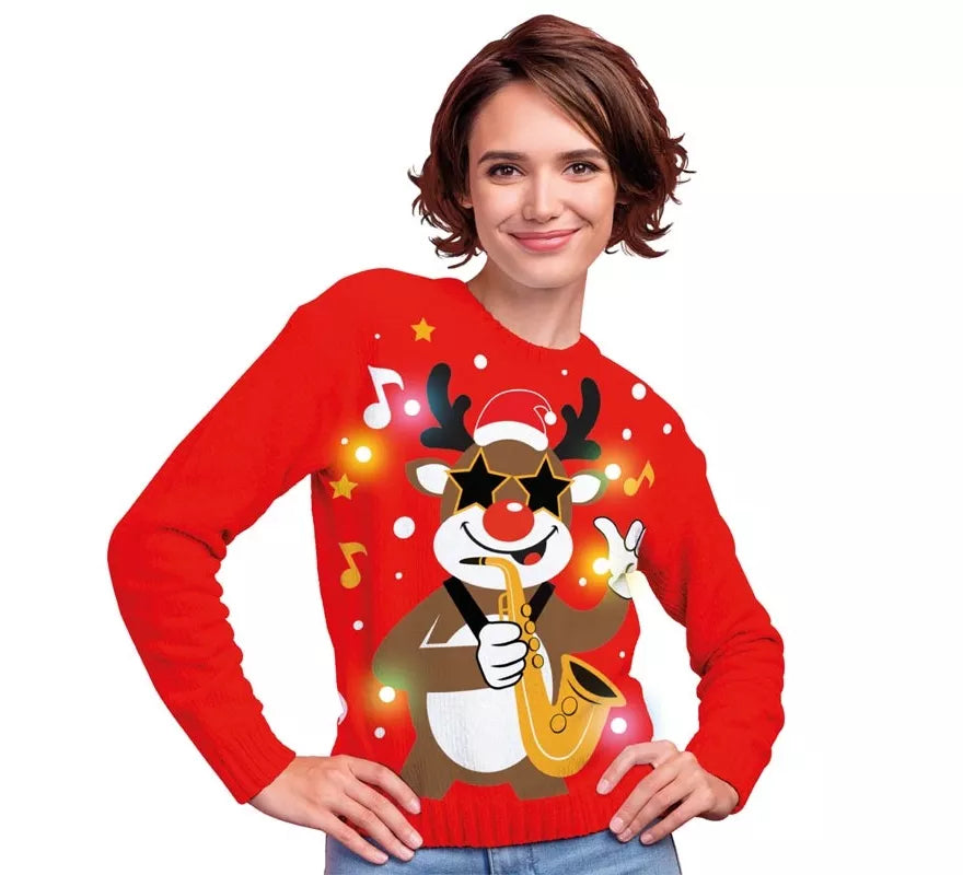 Translation missing: fr.Jersey Navideño de Reno con 12 Luces LED para mujer