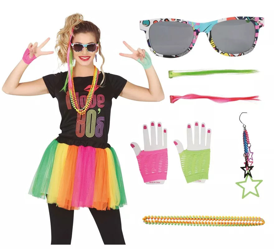 Translation missing: fr.Kit Años 80: 2 Extensiones, Gafas, 2 Pendientes, 4 Collares y 2 Guantes