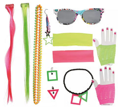 Kit années 80 : 2 extensions, lunettes, 2 boucles , 4 collierrs et 2 gants