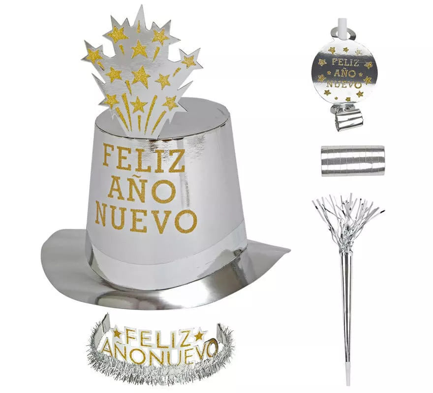 Translation missing: fr.Kit Cotillón Feliz Año Nuevo Plateado para 10 personas