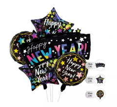 Kit de 5 ballons aluminium Happy New Year noirs