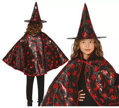 Kit Sorcière enfant noir et rouge : Cape et Chapeau