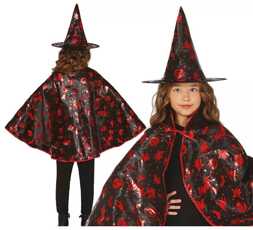 Translation missing: fr.Kit de Bruja negro y rojo Infantil: Capa y Sombrero