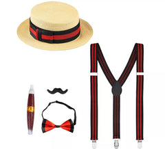 Kit gentleman des années 1920 : chapeau, bretelles, nœud papillon, cigare et moustache