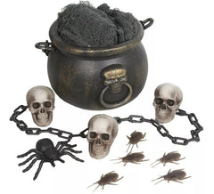 Pack Sorcière: Marmite, Toile, Squelette, Chaîne, Cafards et Araignée 20 cm