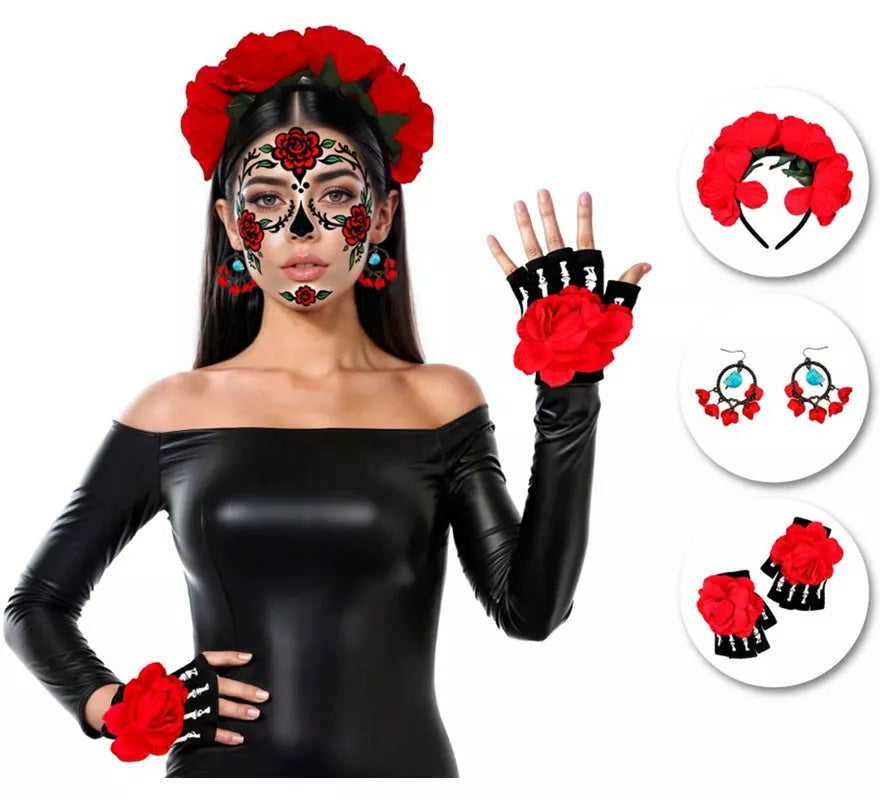Translation missing: fr.Kit de Catrina: Diadema, Pendientes y Mitones con Flor