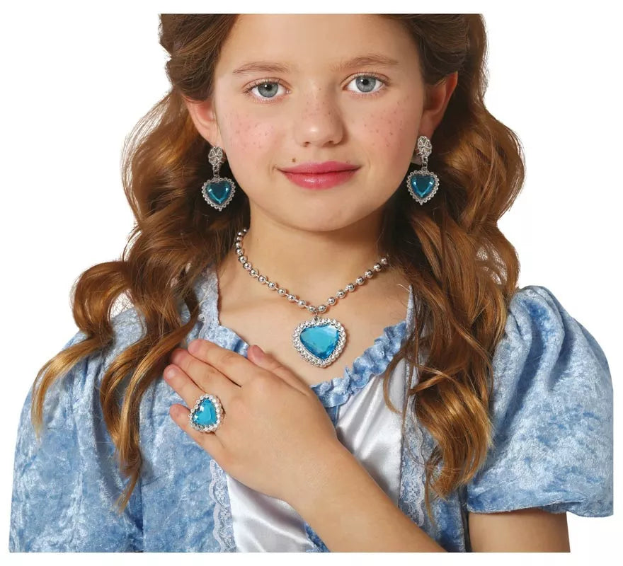 Kit de Corazón azul infantil: Collar, Anillo y Pendientes