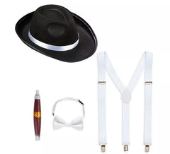 Kit Gangster Noir et Blanc : Chapeau, Bretelles, Noeud Papillon et Tabac