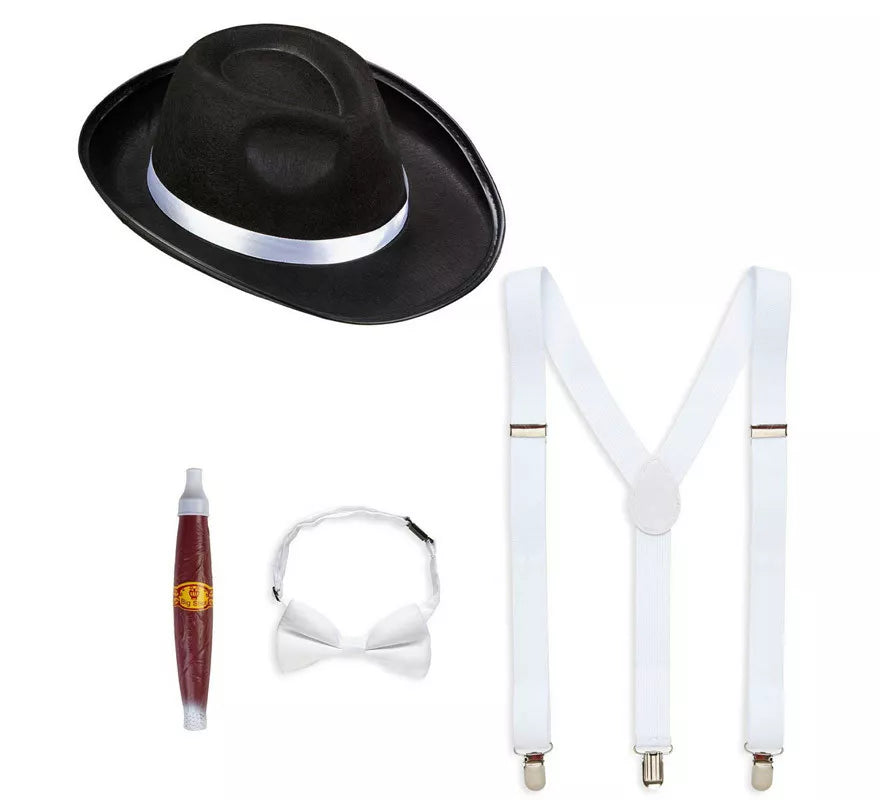 Translation missing: fr.Kit de Gánster Blanco y Negro: Sombrero, Tirantes, Corbatín y Tabaco