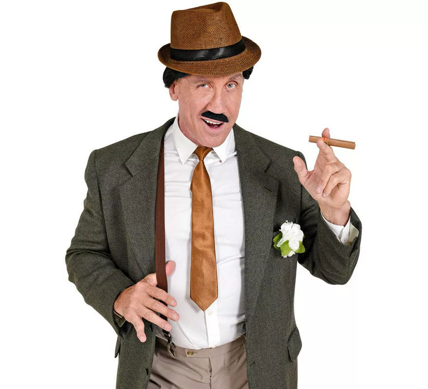 Translation missing: fr.Kit de Gánster Marrón: Sombrero, Tirantes, Corbata, Bigote y Tabaco