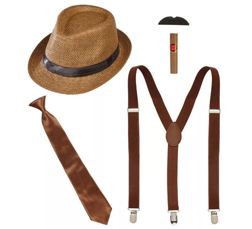 Translation missing: fr.Kit de Gánster Marrón: Sombrero, Tirantes, Corbata, Bigote y Tabaco