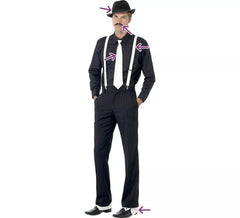 Trousse de gangster: bretelles, cravate, chapeau, jambières et moustache